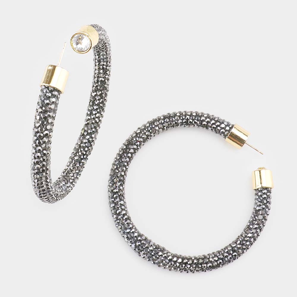 Hematite-Gray Rhinestone Half Hoop Earrings | 2.5″ | 482478