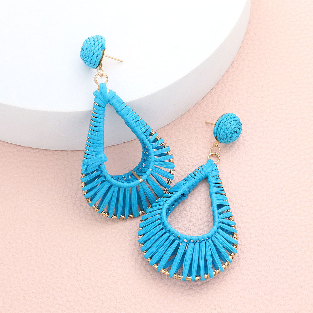 Turquoise Raffia Wrapped Open Teardrop Fun Fashion Earrings | Runway Earrings | 596002
