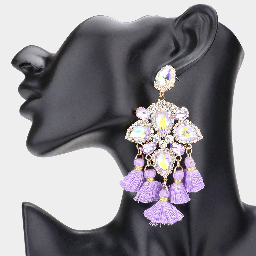 Lavender Crystal and Tassel Flower Fun Fashion Chandelier Earrings | 586506