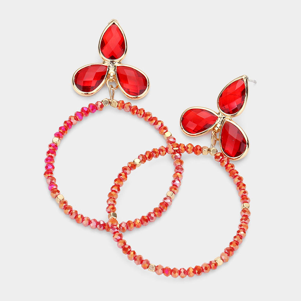 Red Crystal Teardrop Beaded Open Circle Fun Fashion Earrings | 515795