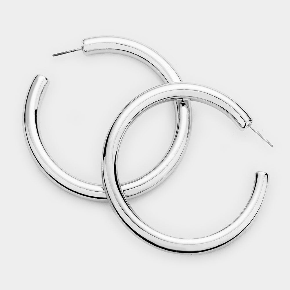 Big Silver Metal Half Hoop Earrings | 2.25″ | 493349