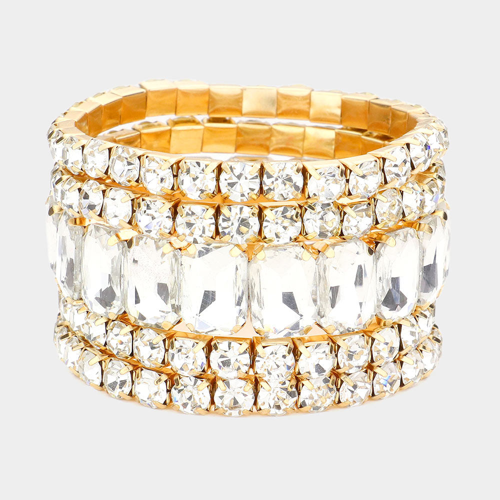 5 Pieces – Clear Stone Stretch Multi Layered Pageant Bracelets on Gold | Prom Jewelry | 564238