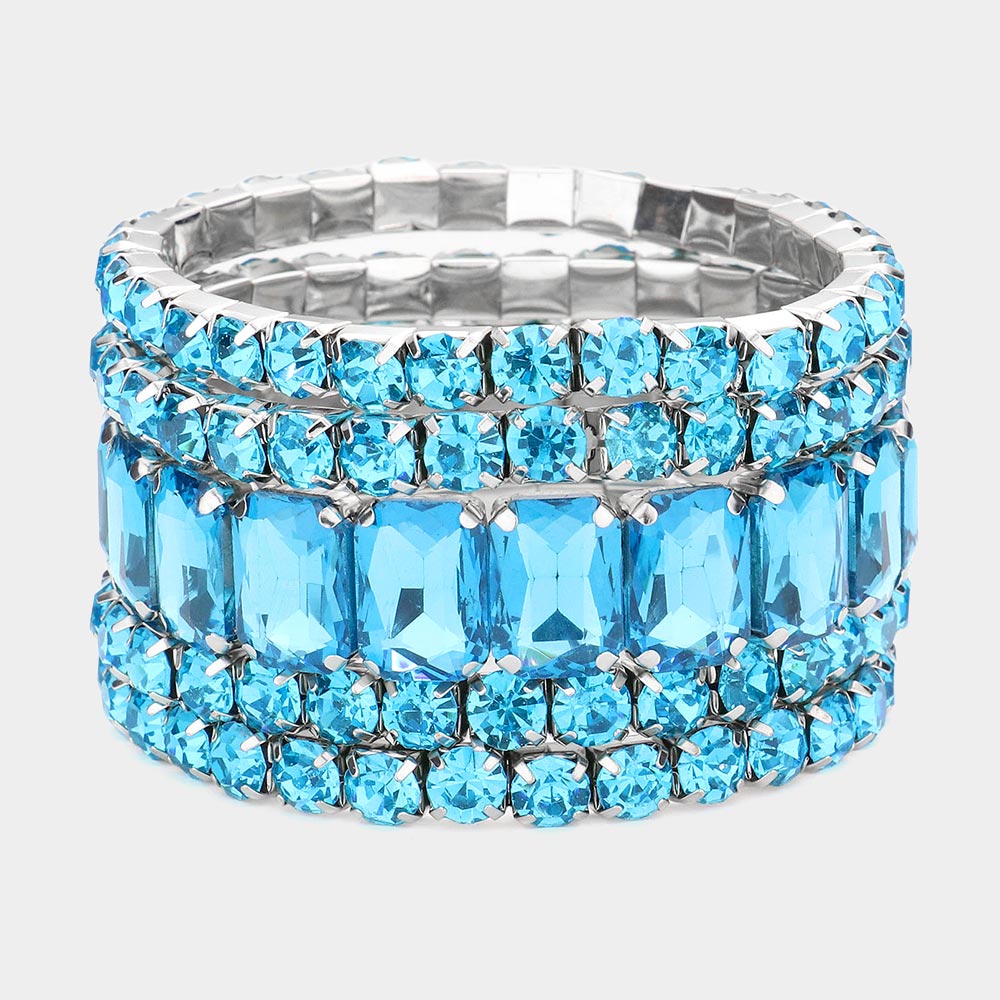 5 Pieces – Aqua Stone Stretch Multi Layered Pageant Bracelets | Prom Jewelry | 564241