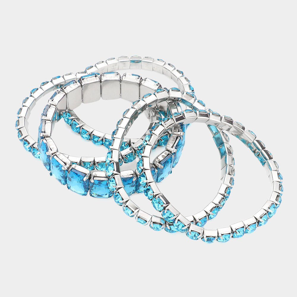 5 Pieces – Aqua Stone Stretch Multi Layered Pageant Bracelets | Prom Jewelry | 564241