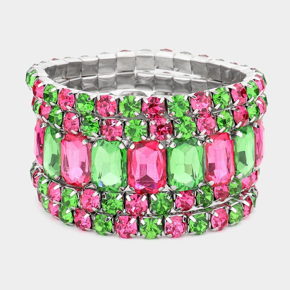 5 Pieces – Pink and Green Stone Stretch Multi Layered Pageant Bracelets | Prom Jewelry | 567938