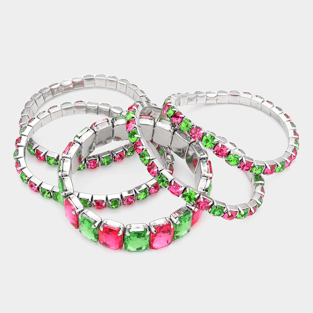 5 Pieces – Pink and Green Stone Stretch Multi Layered Pageant Bracelets | Prom Jewelry | 567938