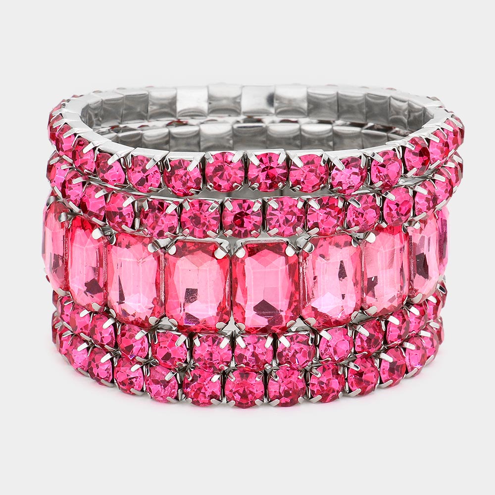 5 Pieces – Pink Stone Stretch Multi Layered Pageant Bracelets | Prom Jewelry | 567939