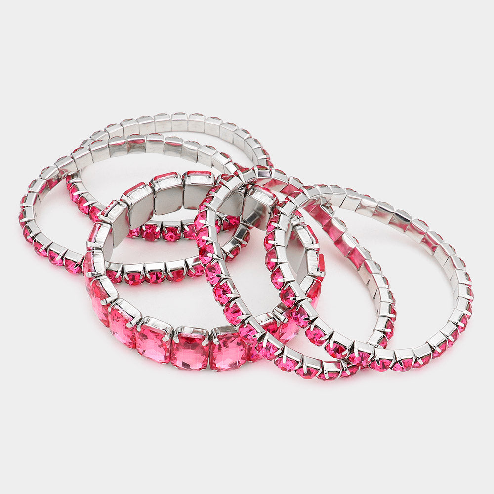 5 Pieces – Pink Stone Stretch Multi Layered Pageant Bracelets | Prom Jewelry | 567939