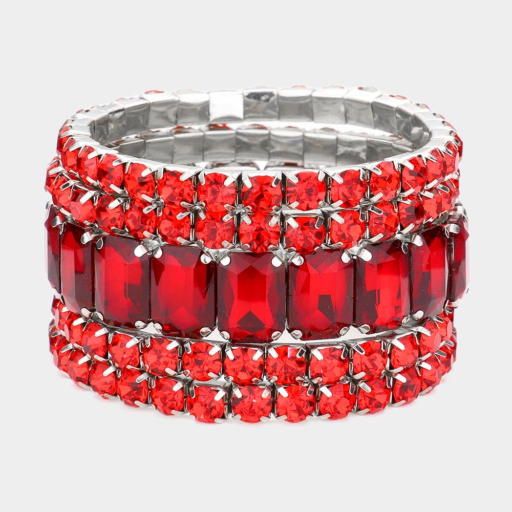 5 Pieces – Red Stone Stretch Multi Layered Pageant Bracelets | Prom Jewelry | 564247