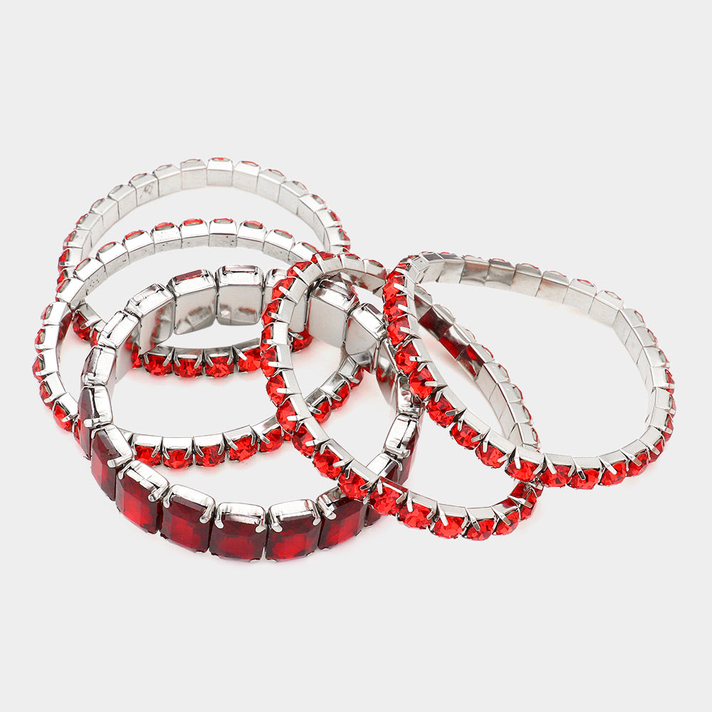 5 Pieces – Red Stone Stretch Multi Layered Pageant Bracelets | Prom Jewelry | 564247