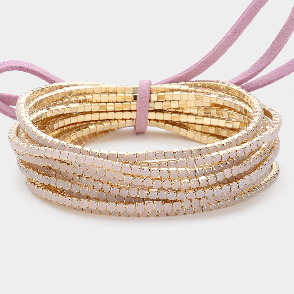 12 Pink Rhinestone Layered Stretch Pageant Bracelets on Gold | Fun Fashion Bracelets | 629812