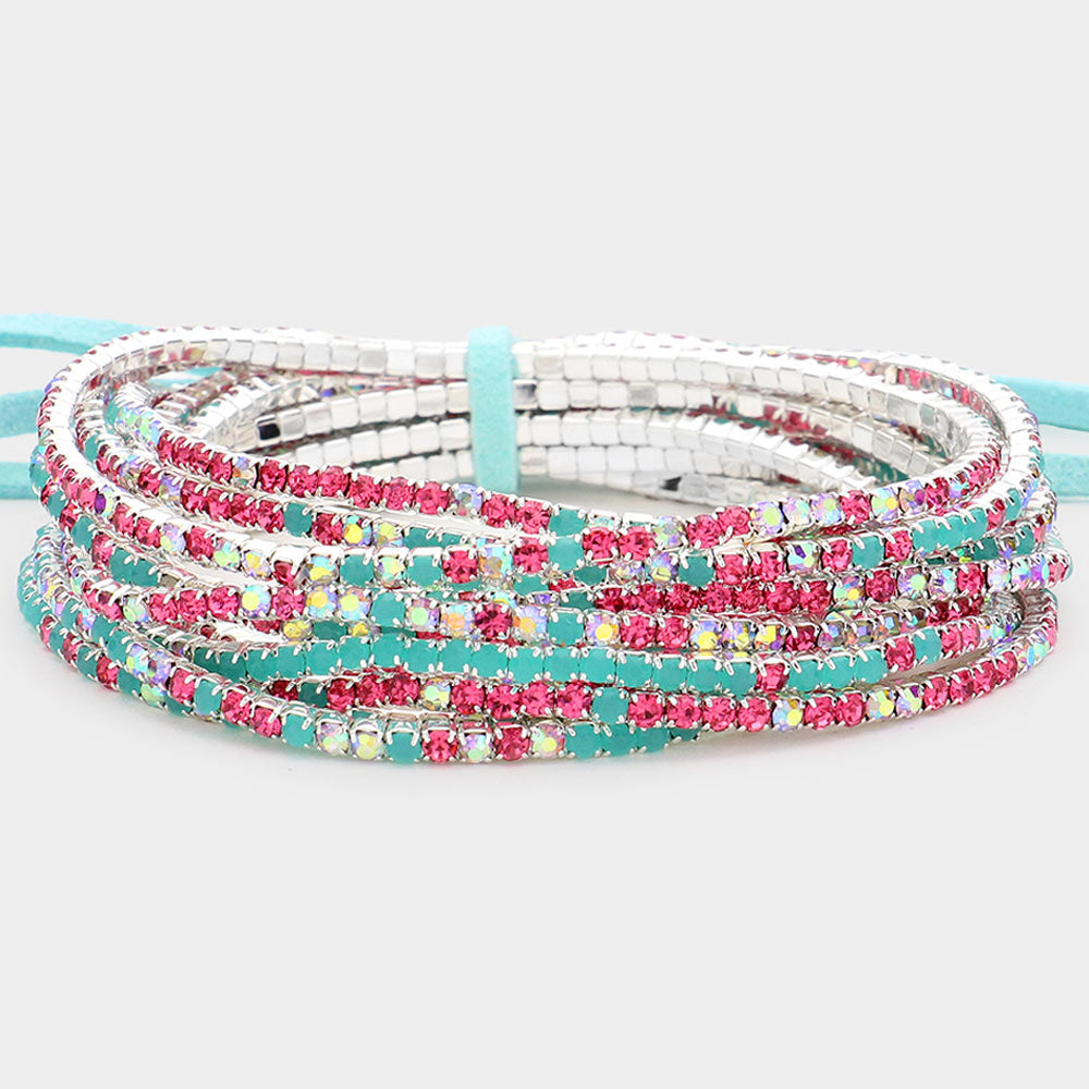 12 Multi-Color Rhinestone Layered Stretch Pageant Bracelets on Silver | Fun Fashion Bracelets | 590181