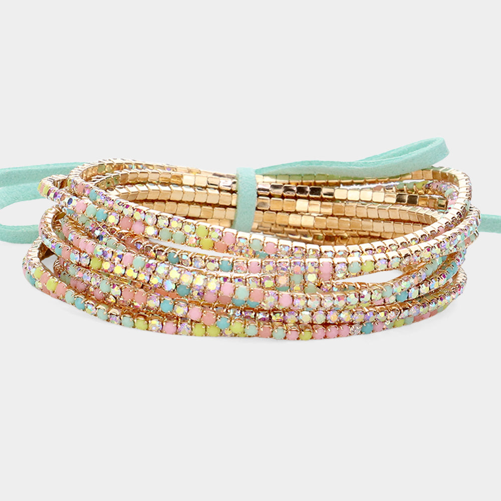 12 Multi Colored Pastel Rhinestone Layered Stretch Pageant Bracelets on Gold | Fun Fashion Bracelets | 643050