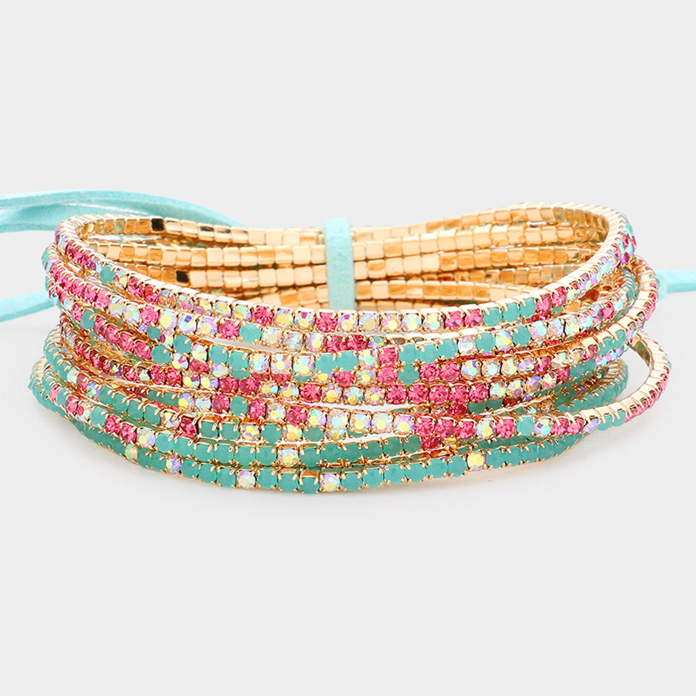 12 Multi-Color Rhinestone Layered Stretch Pageant Bracelets on Gold | Fun Fashion Bracelets | 590176