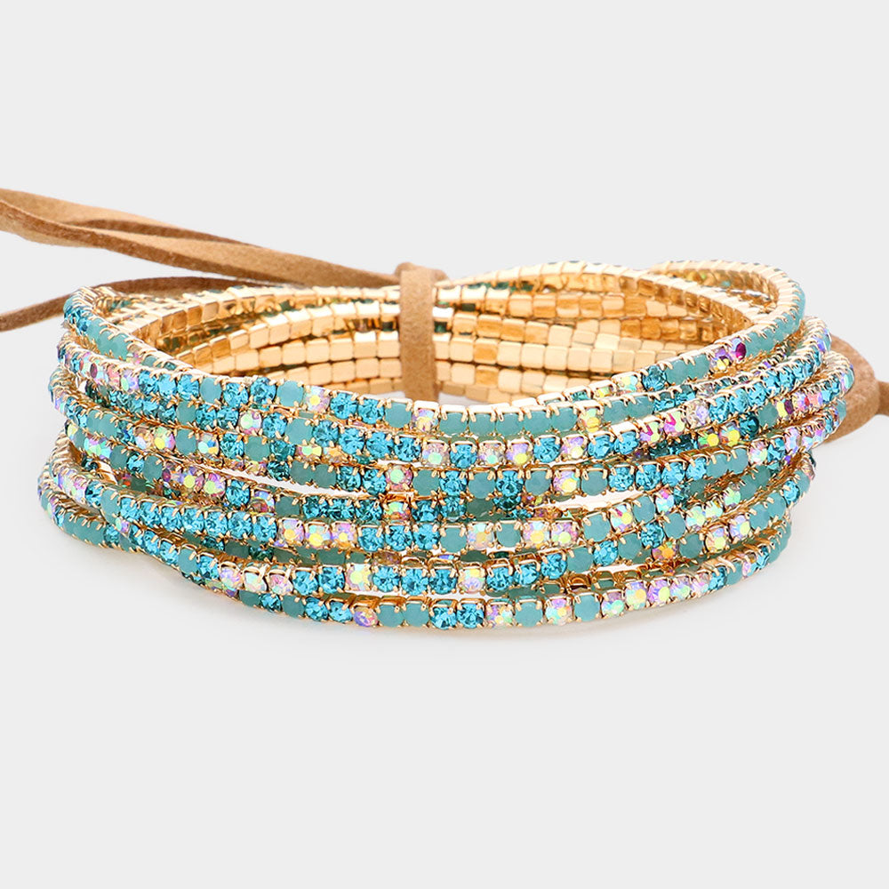 12 Aqua Rhinestone Layered Stretch Pageant Bracelets on Gold | Fun Fashion Bracelets | 590179