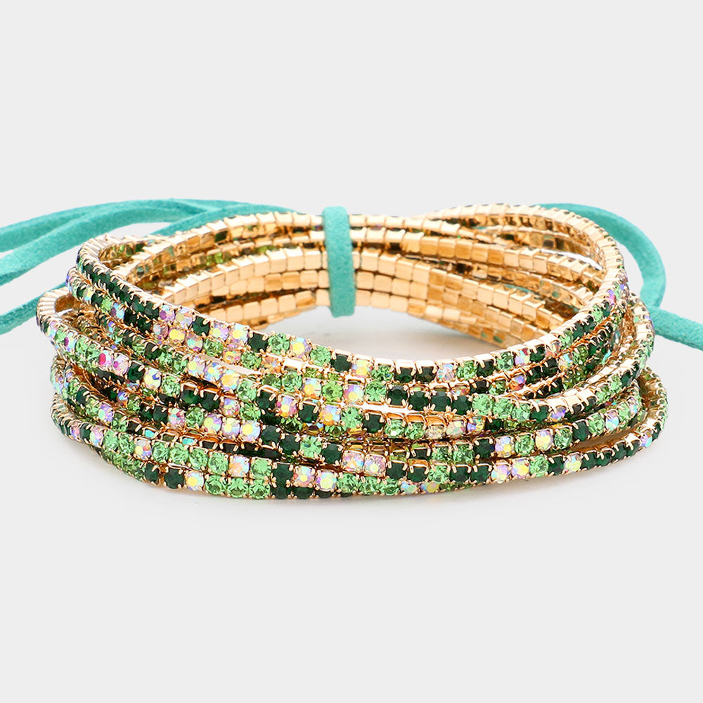 12 Green Rhinestone Layered Stretch Pageant Bracelets on Gold | Fun Fashion Bracelets | 590180