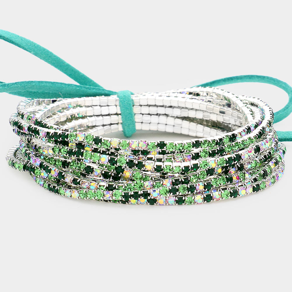 12 Light Green Rhinestone Layered Stretch Pageant Bracelets on Silver | Fun Fashion Bracelets | 590185