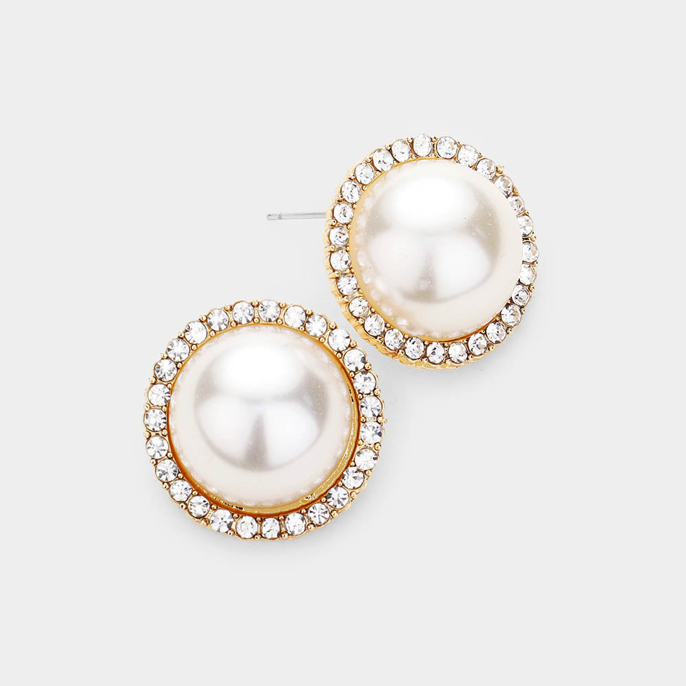 Cream Pearl and Rhinestone Bridal Stud Earrings on Gold| Wedding Jewelry | 476853