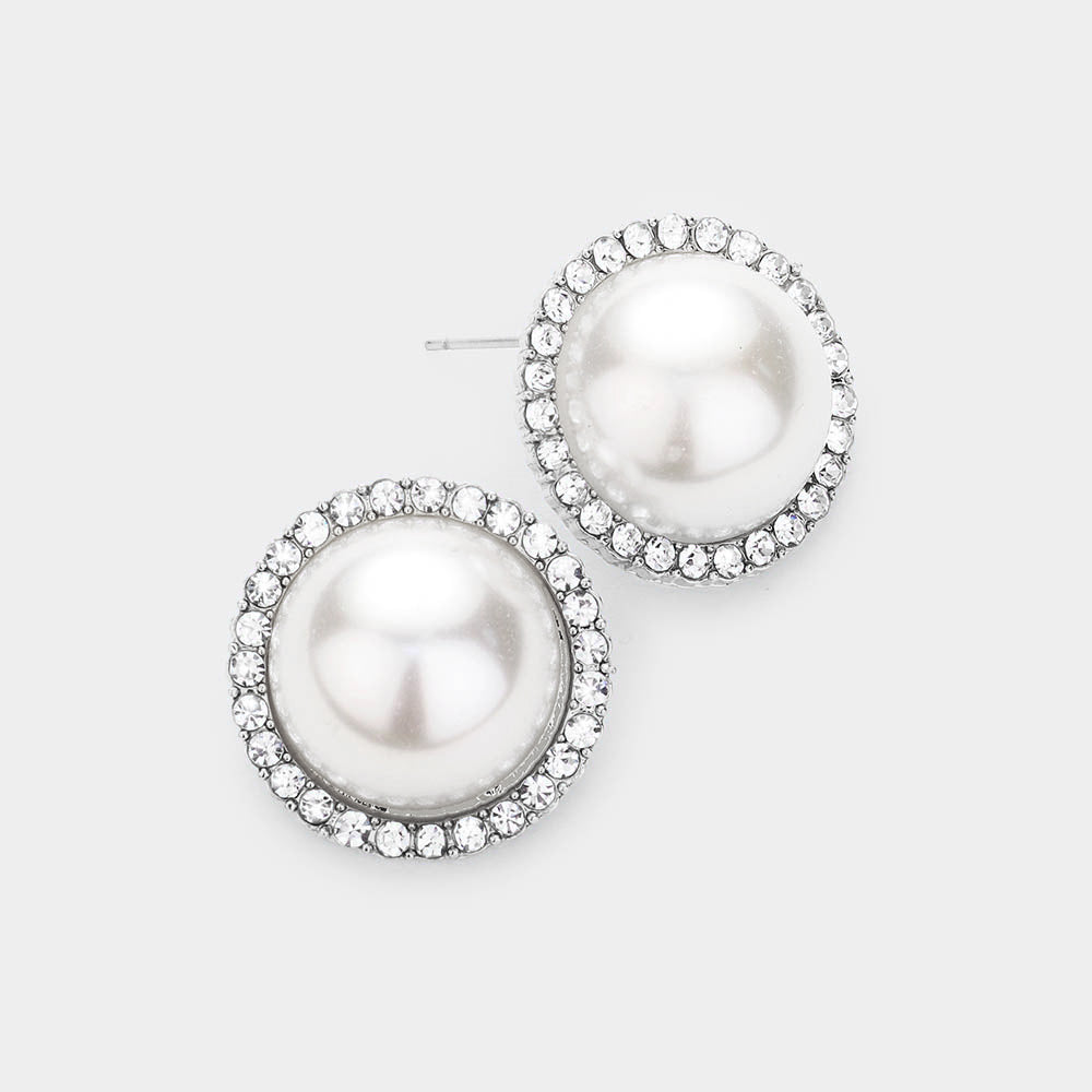 White Pearl and Rhinestone Bridal Stud Earrings | Wedding Jewelry | 476852