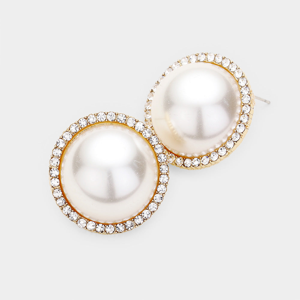 Cream Pearl and Rhinestone Bridal Stud Earrings on Gold | Wedding Jewelry | 472128