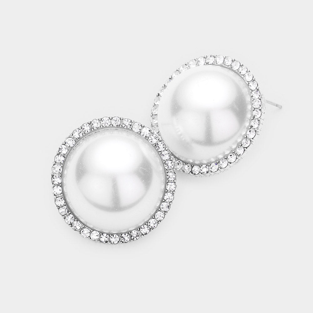 White Pearl and Rhinestone Bridal Stud Earrings | Wedding Jewelry | 472127