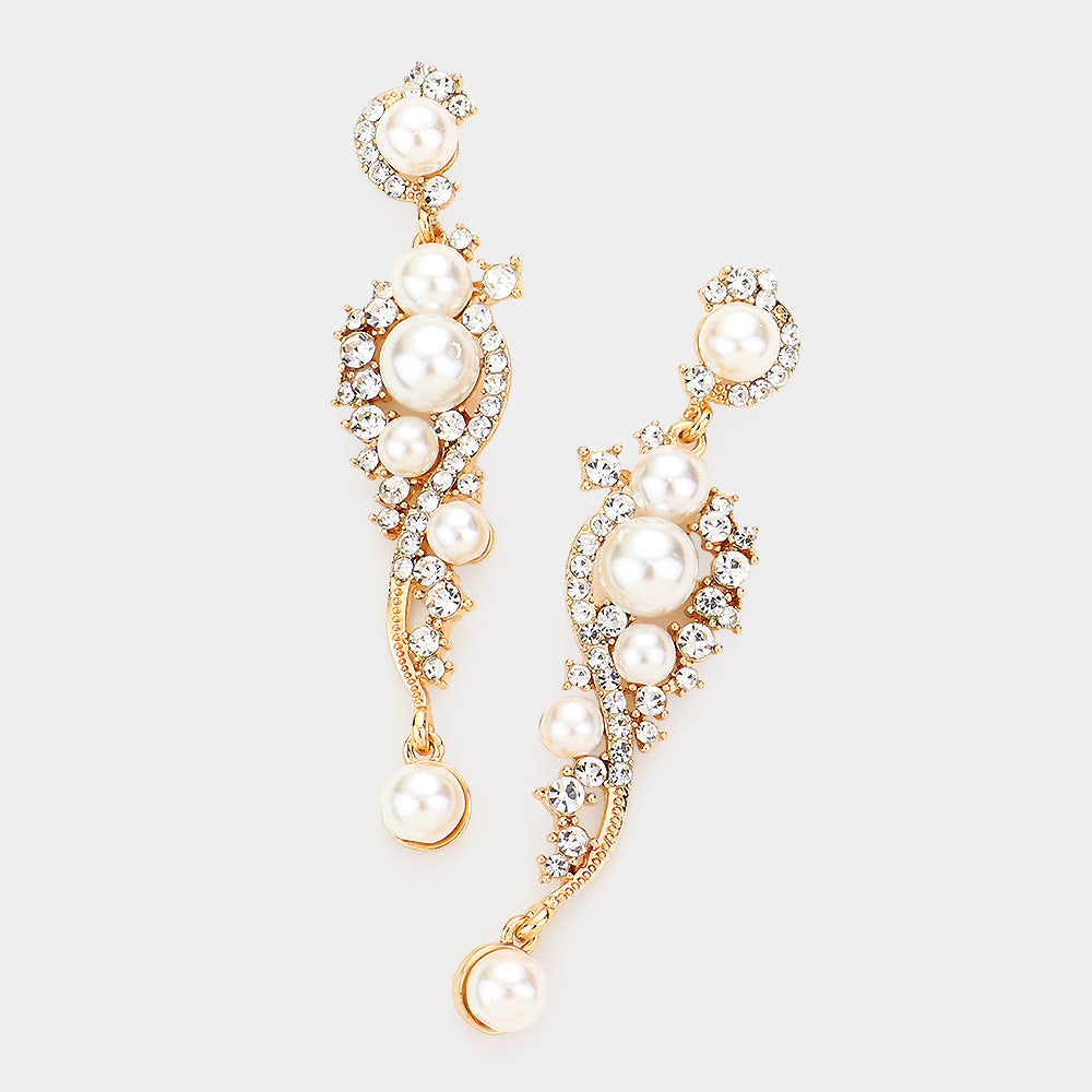 Cream Pearl Accented Stone with Embellished Rhinestones on Gold | Bridal Earrings | 540804