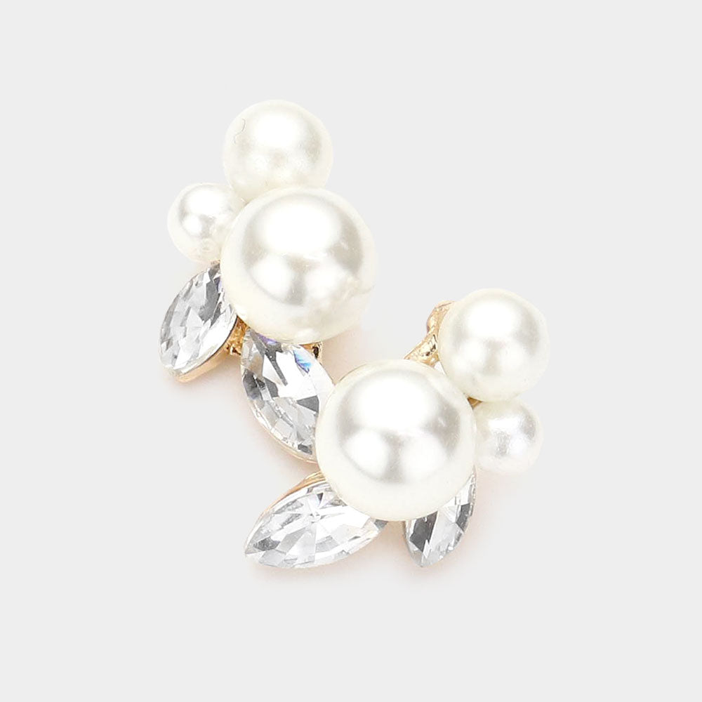 Triple Cream Pearl Accented Bridal Stud Earrings on Gold | Wedding Earrings | 514021