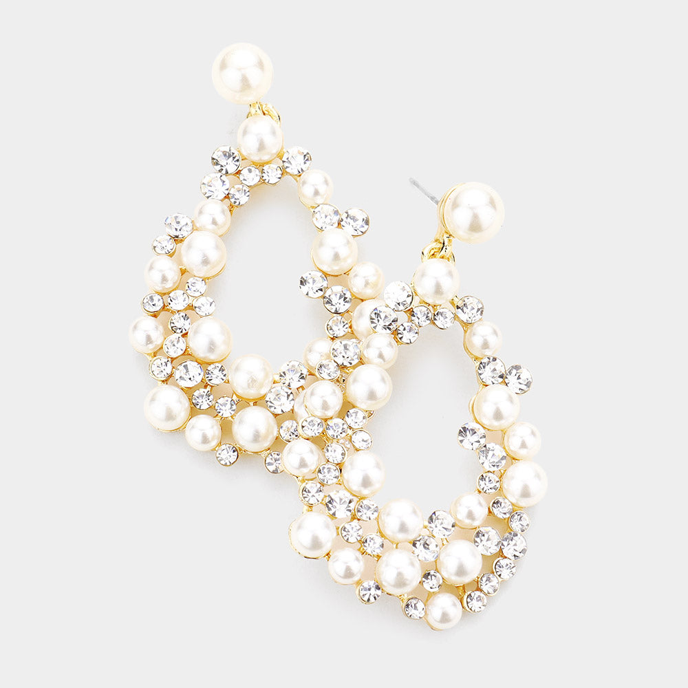 Cream Pearl and Rhinestone Cluster Bridal Earrings on Gold | Wedding Jewelry | 493668