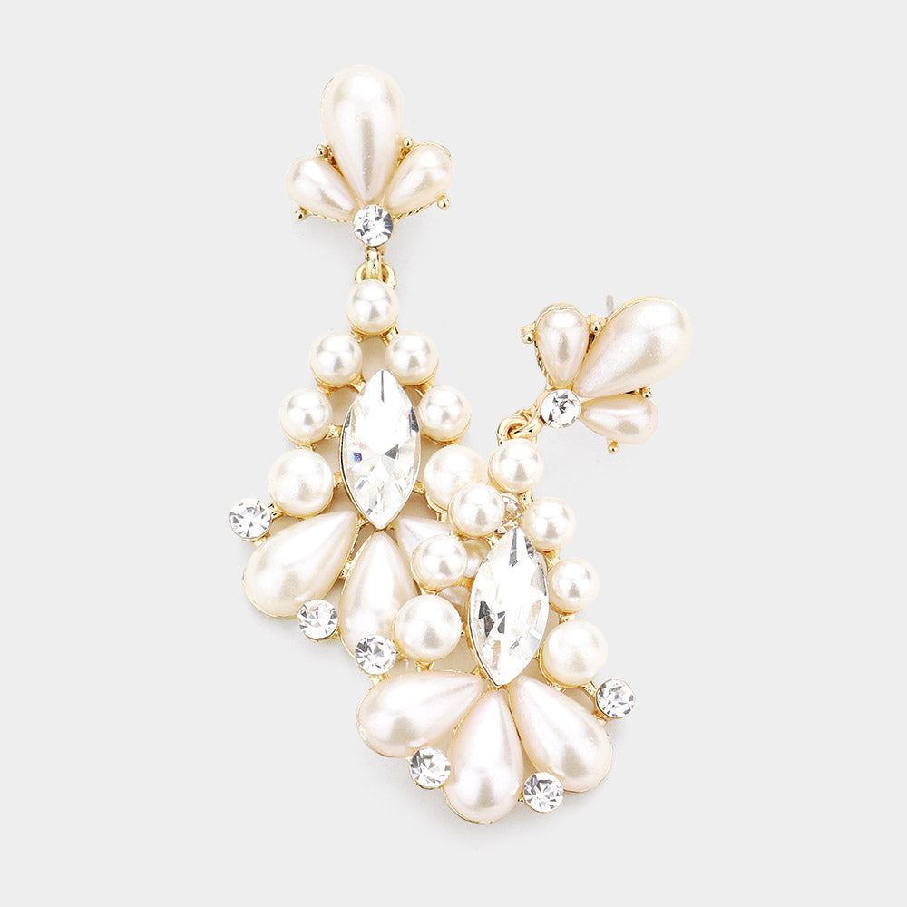 Clear Marquise Stone Center Cream Pearl Pageant/Bridal Earrings on Gold | 493670