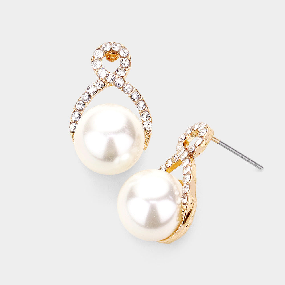 Rhinestone Embellished Cream Pearl Bridal Earrings | Wedding Jewelry | 489032