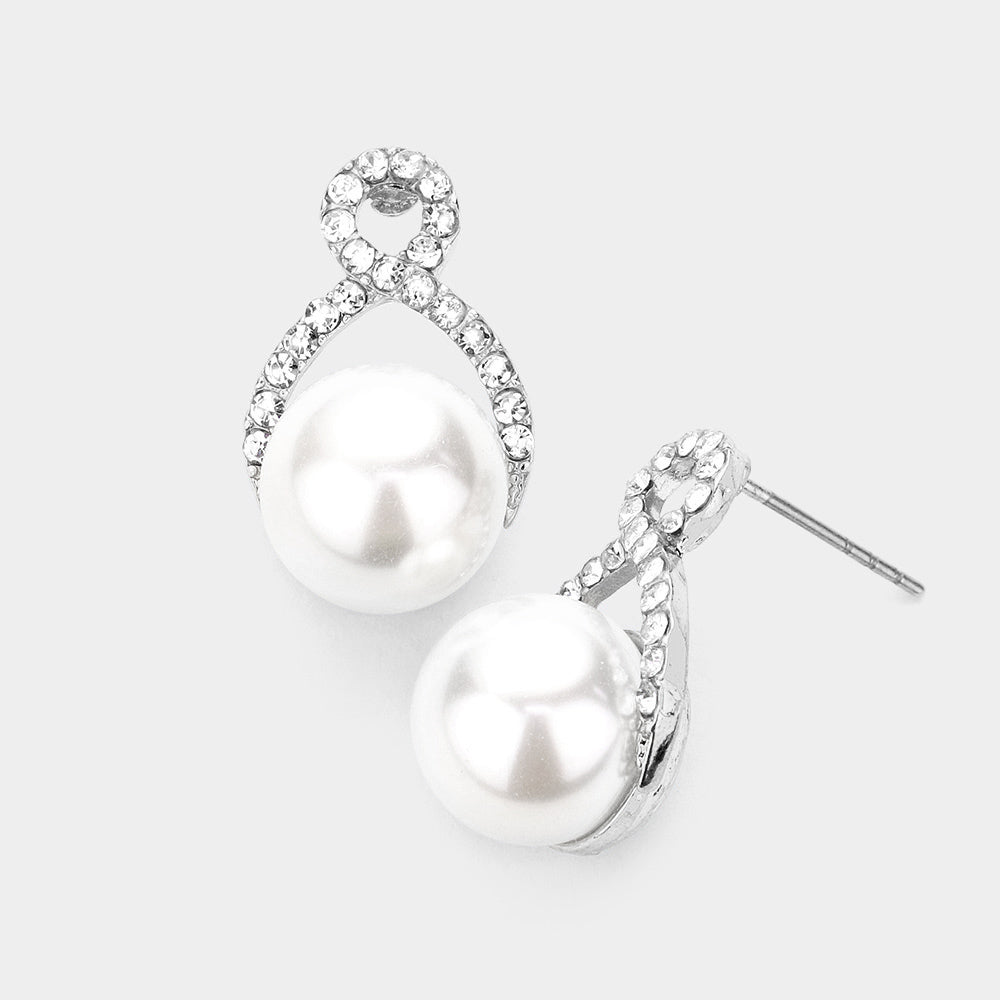 Rhinestone Embellished White Pearl Bridal Earrings | Wedding Jewelry | 217027