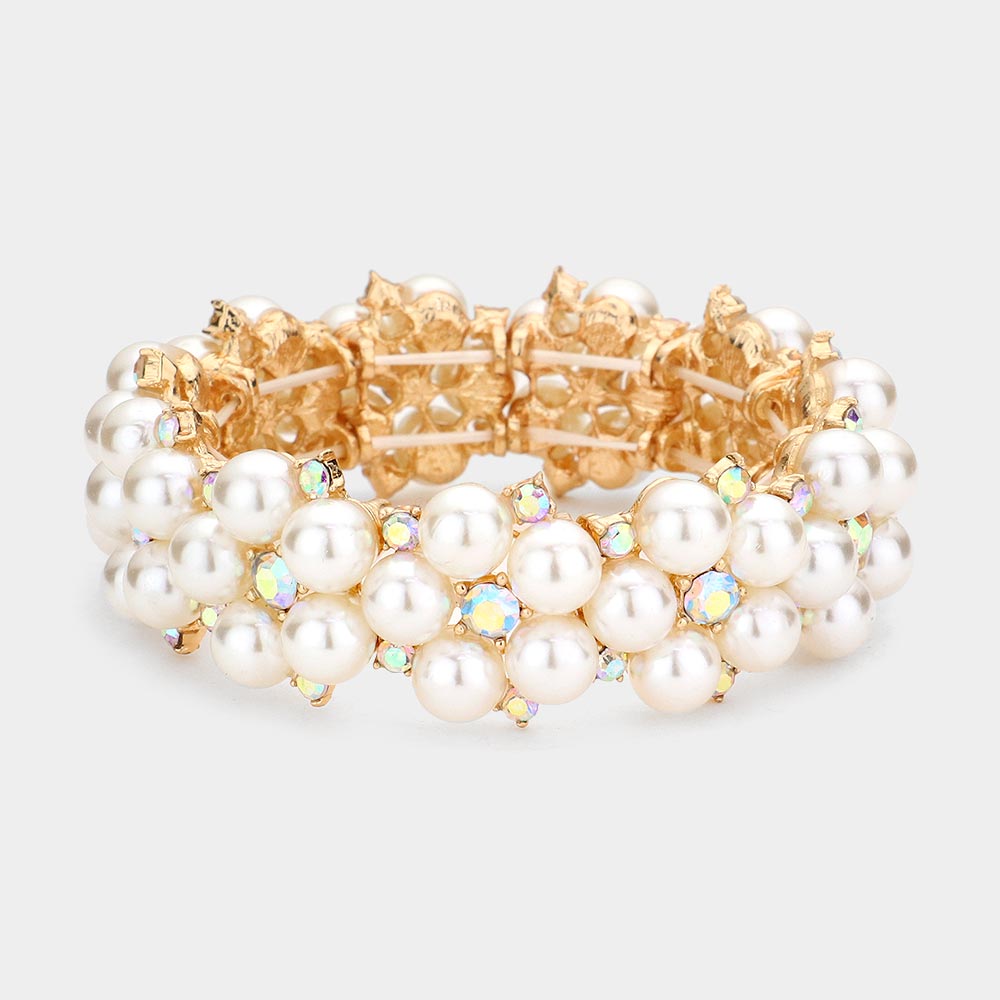 Cream Pearl and AB Rhinestone Stretch Bridal Bracelet on Gold | Wedding Bracelet | 563684