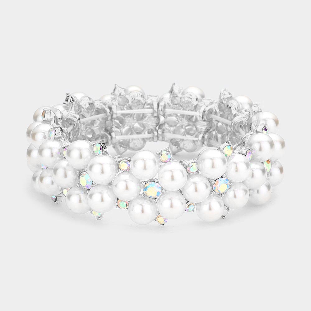 White Pearl and AB Rhinestone Stretch Bridal Bracelet | Wedding Bracelet | 563686