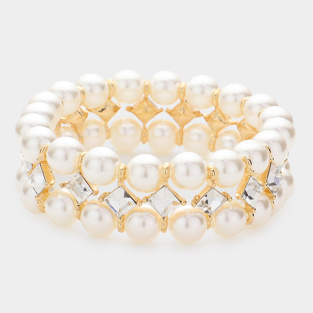 Elegant Square Stone Cream Pearl Accented Bridal Stretch Bracelet | Wedding Jewelry | 609155