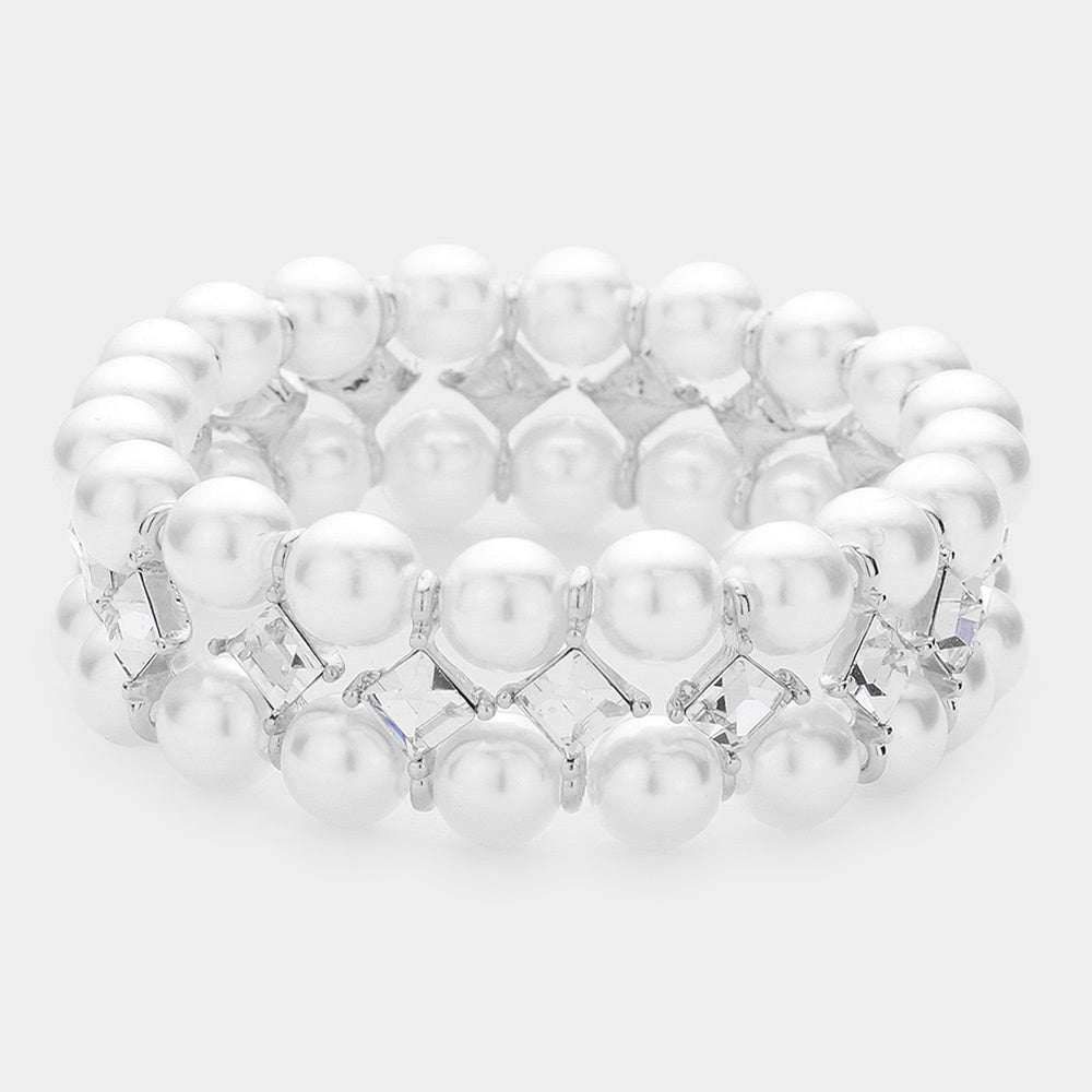 Elegant Square Stone Cream Pearl Accented Bridal Stretch Bracelet | Wedding Jewelry | 609156