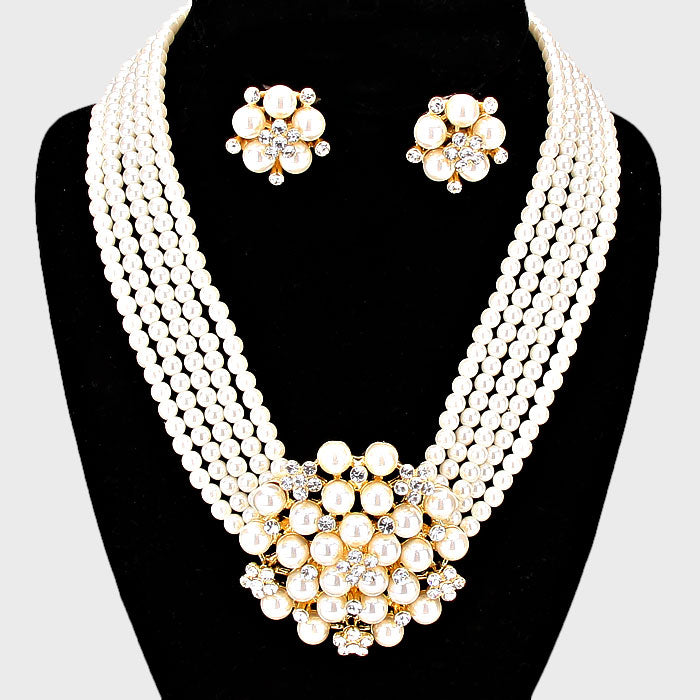 Cream Pearl Cluster Bridal Necklace with Clip On Earrings | 102780