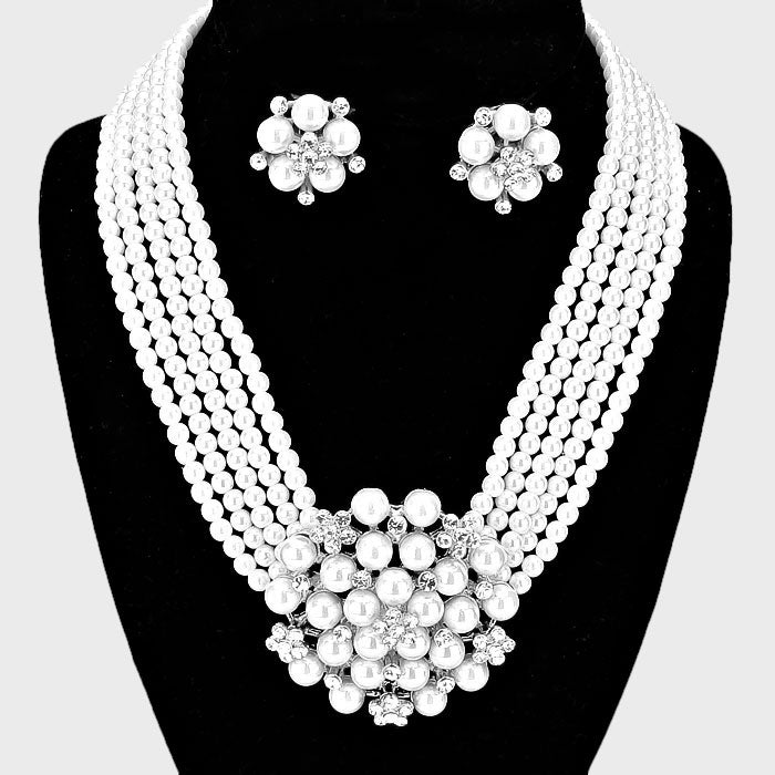 White Pearl Cluster Bridal Necklace with Clip On Earrings | 102781