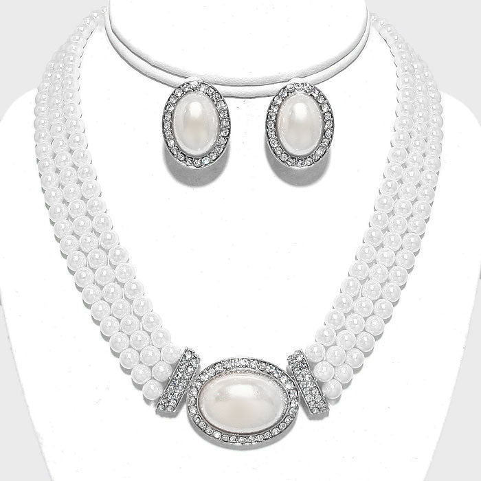 Rhinestone Trimmed White Pearl Necklace Set | 205254