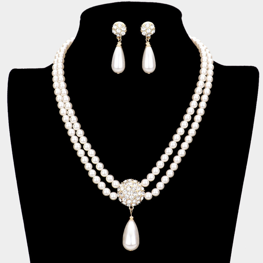 Rhinestone Embellished Dome with Cream Pearl Double Strand Bridal Necklace Set | Wedding Jewelry | 546203