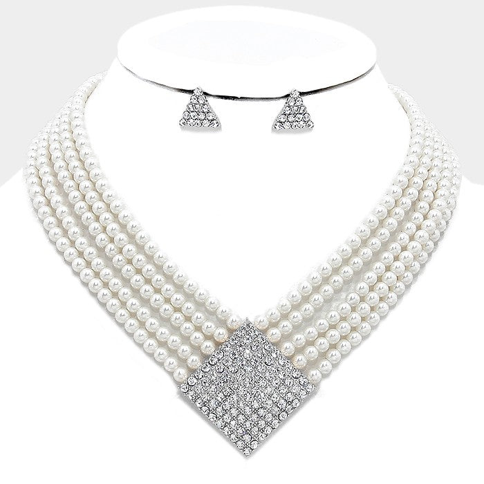 Crystal and White Pearl Multi-strand Necklace Set | 302093