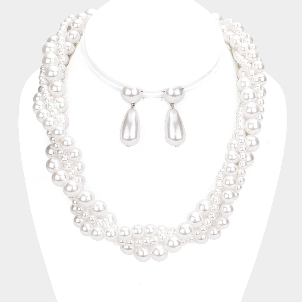 Elegant Embellished White Pearl Bridal Necklace Set | 448146