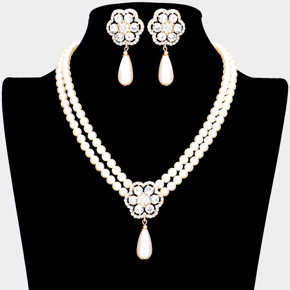 Crystal Stone Flower Cream Pearl Teardrop Wedding Necklace Set | Bridal Jewelry | 542590