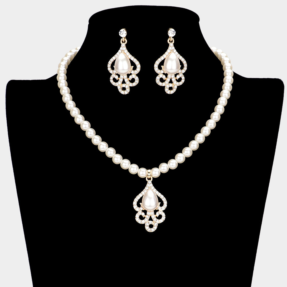 Cream Pearl Teardrop Bridal Necklace Set | Wedding Necklace Set | 596080