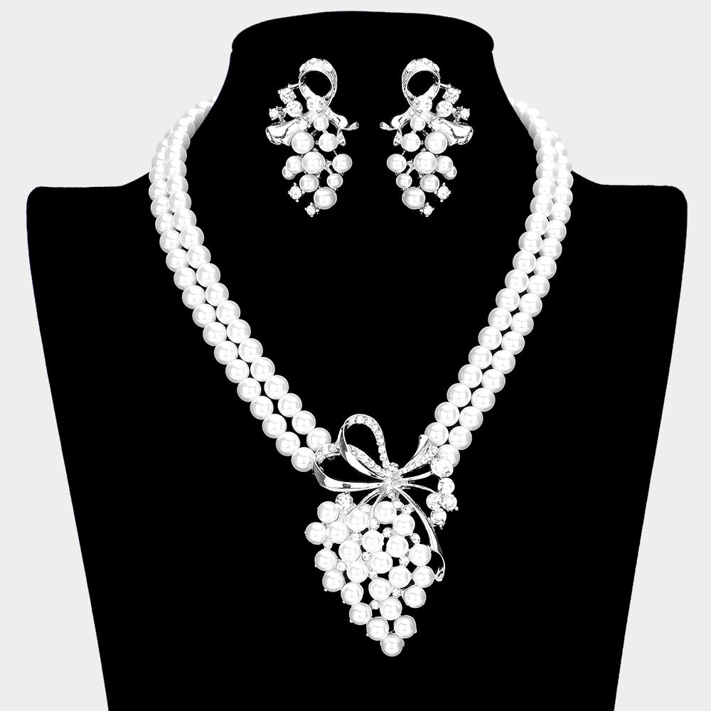 White Pearls and Bows Wedding Necklace Set | Bridal Jewelry | 625494