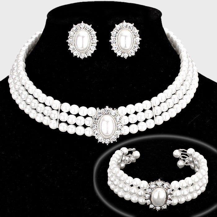 White Pearl Choker Bracelet and Earrings Set | 167464