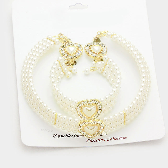 Cream Pearl 3-Row Choker Bridal Necklace Set |Wedding Jewelry | 58507