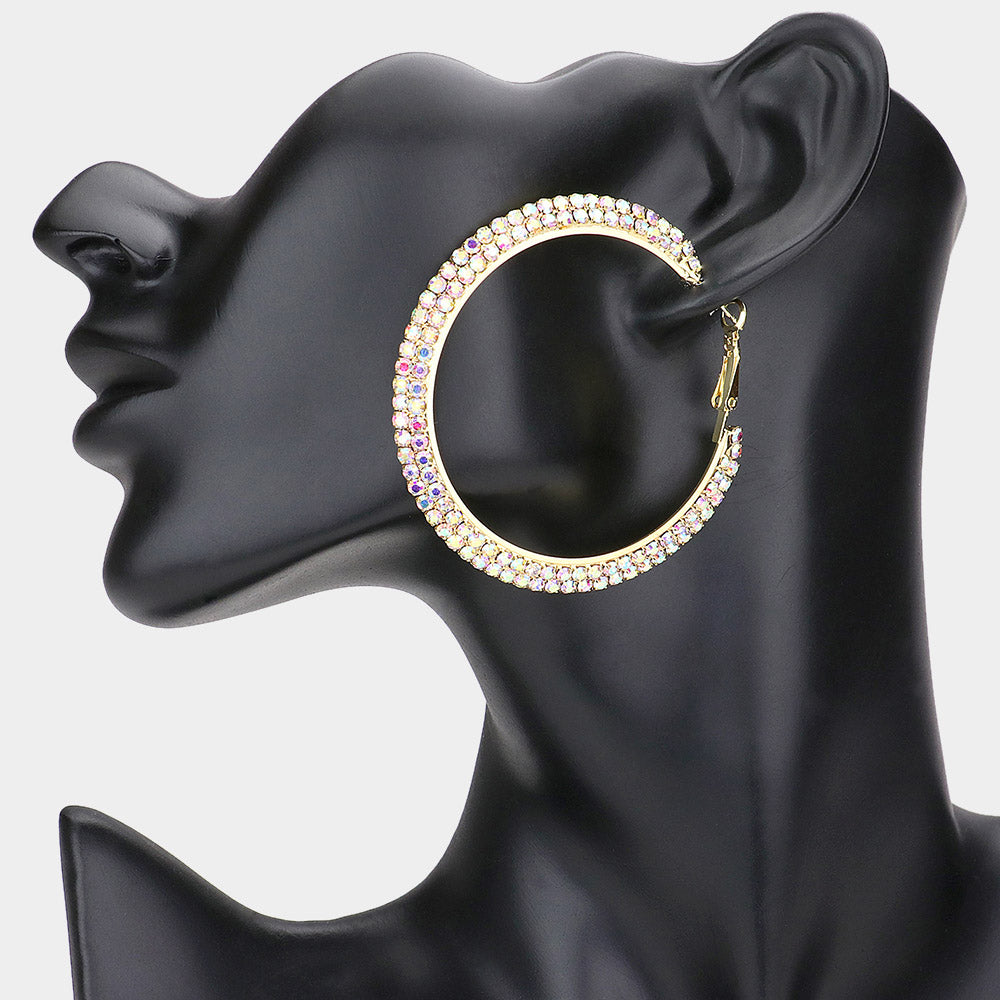 Two Row AB Crystal Hoop Earrings on Gold | 2.3″ | 210547