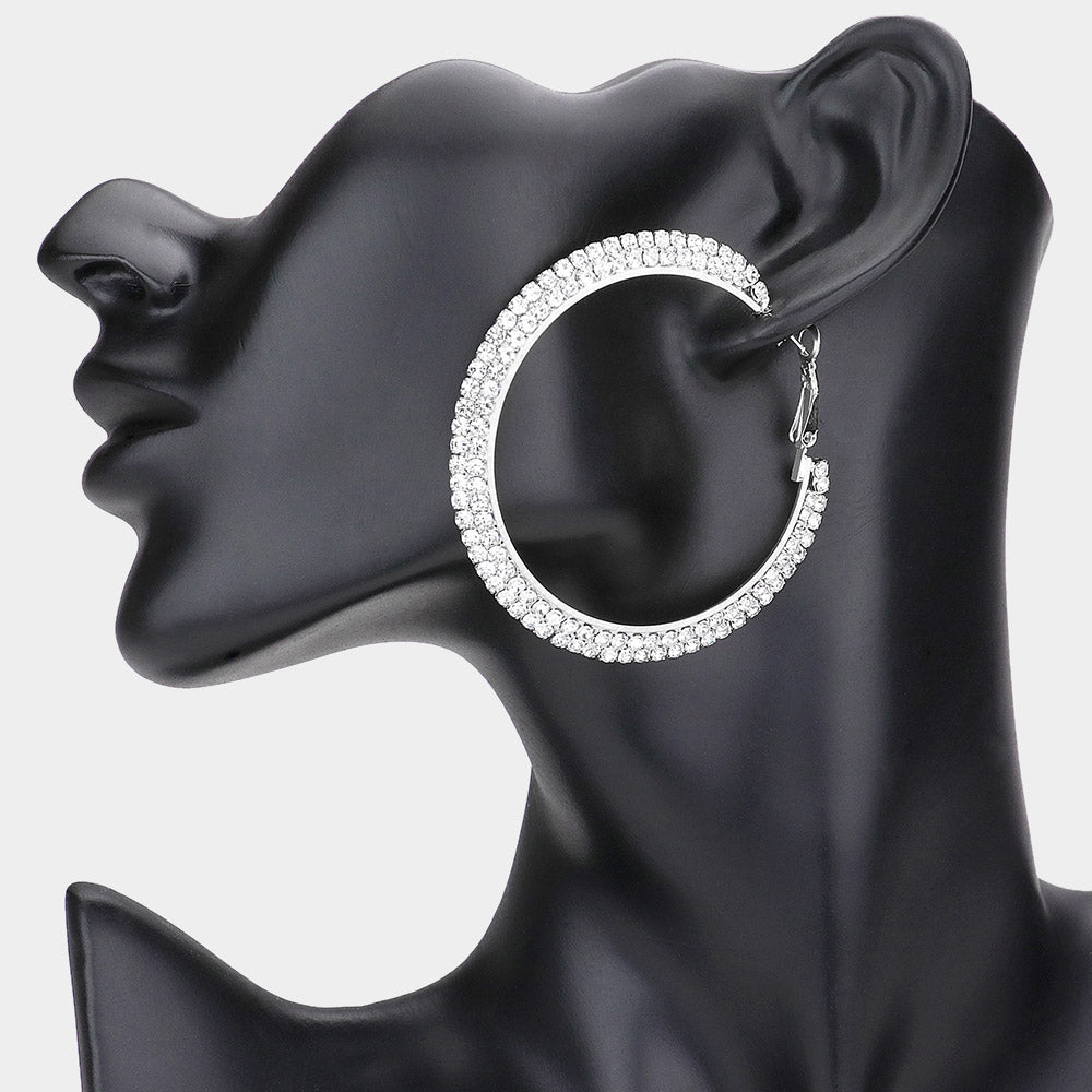 Two Row Clear Rhinestone Hoop Earrings | 2.3″ | 108789