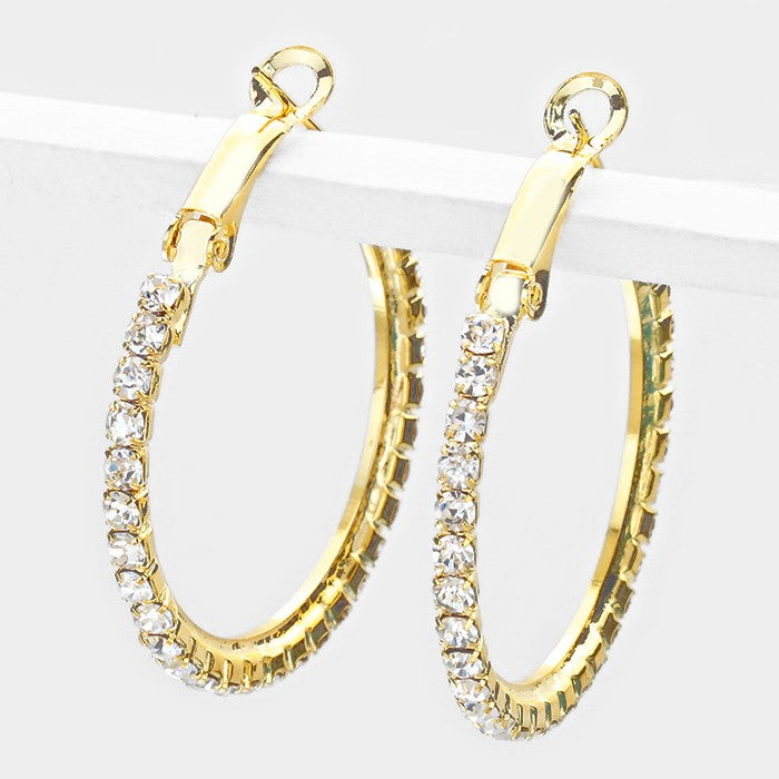 Crystal Rhinestone Hoop Earrings on Gold | 1.25″ | 206044