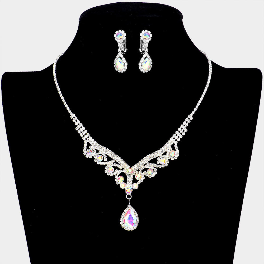 AB Crystal Teardrop Stone Rhinestone Prom Necklace on Silver – Clip on Earrings | Prom Jewelry | 532962